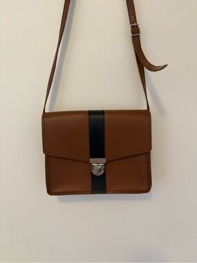 Zatchels Handmade Leather Brown Crossbody Shoulder Bag with Black Stripe